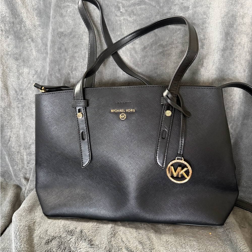 Michael Kors Mel Medium Black Saffiano Leather Tote with Gold MK Charm